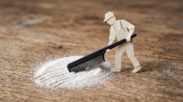Paper cutout worker uses a black comb to rake white powder on wood, symbolizing meticulous organization and the effort to find order in chaos.