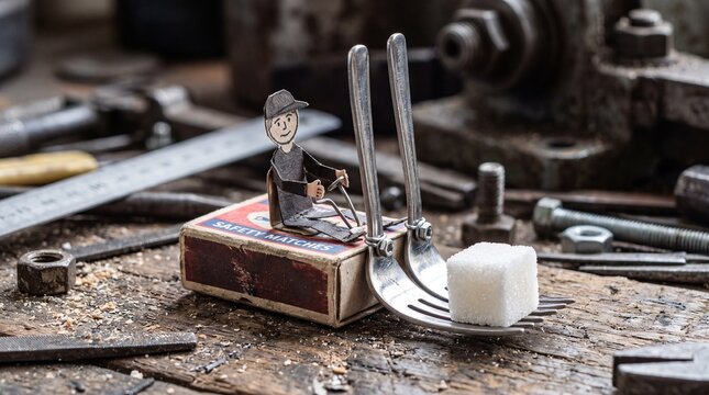 Paper worker drives a matchbox forklift with metal fork tines lifting a sugar cube, conveying industrial ingenuity and creative heavy lifting.