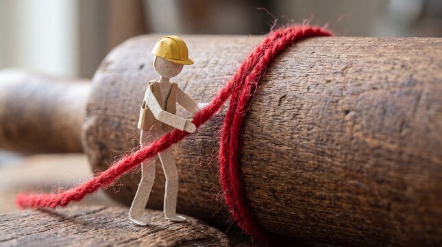 Paper worker pulls a thick red string wrapped around a wooden rolling pin. It symbolizes teamwork, leverage, and exerting immense effort.