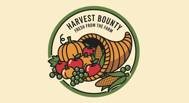 Harvest cornucopia logo with autumn vegetables and fruits