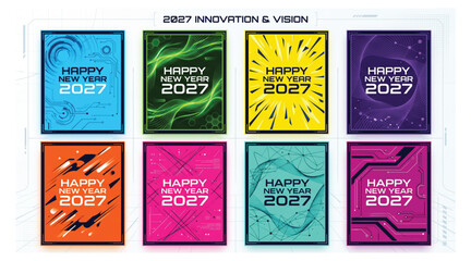 Fototapeta premium Set of eight happy new year 2027 celebration posters with colorful abstract geometric and digital line art backgrounds celebration abstract background geometric greeting innovation