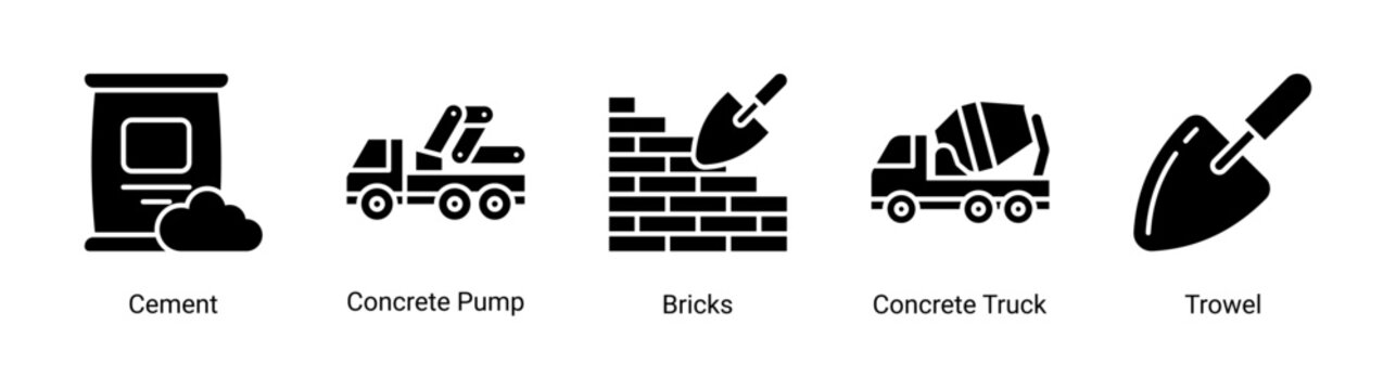 Concrete Works icon set with masonry and construction equipment for building and contractor projects.
