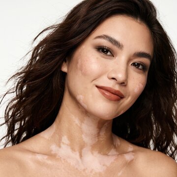 Portrait of girl with vitiligo posed against white background. Young asian  model with expressive facial features, bouncy curls.  Body positivity concept.  World Vitiligo Day.