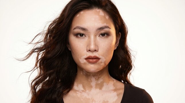 Portrait of girl with vitiligo posed against white background. Young asian  model with expressive facial features, bouncy curls.  Body positivity concept.  World Vitiligo Day.