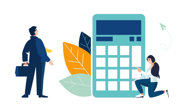 Business banner. Businessman with briefcase makes calculation and analysis of financial income, girl marketer near calculator. Flat blue presentation design, startup, little people Vector illustration