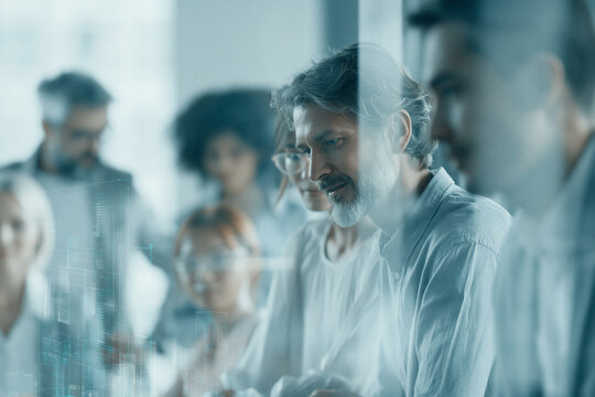 Futuristic business meeting in a modern office tower, executives interacting with holographic UI displays and data visualizations, collaboration and innovation theme, bright natural light, polished co
