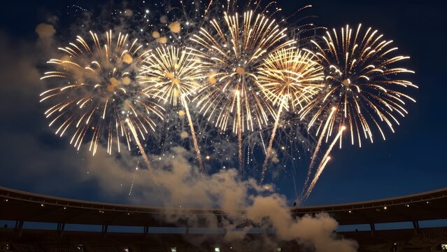 [STYLE] of fireworks erupting over a stadium roofline showing golden starbursts and drifting smoke above silhouetted architecture with spark and smoke particle textures, explosive night lighting with