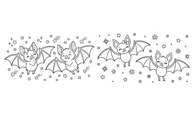 Naklejka premium Four cartoon bats flying with stars black and white line art