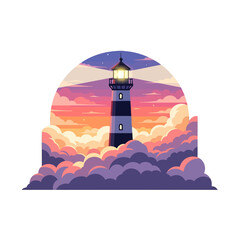 A tall lighthouse stands amidst soft clouds during a vibrant sunset © dalam