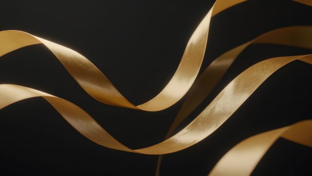 [STYLE] of championship ribbons cascading in slow motion showing silky golden streamers twisting through dark air with fluid satin and light-edge textures, sculptural rim lighting, liquid gold and obs