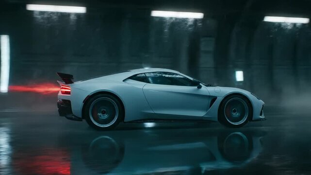 White supercar parked in garage with neon lights reflecting on wet floor. Luxury sports car displays red taillight. Supercar reflection on garage floor. White sports car with spoiler in dark garage.