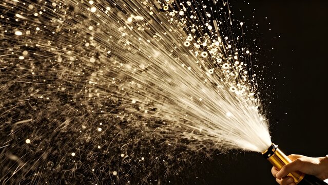 [STYLE] of champagne spray erupting in golden light showing arcing foam and droplets exploding across the frame with effervescent bubble and mist textures, backlit celebratory burst lighting, sparklin