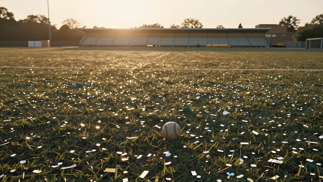 [STYLE] of a slow golden sunrise over a victory-morning pitch showing scattered confetti and a forgotten ball on dewy grass with foil flecks and turf textures, serene aftermath dawn lighting, soft gol