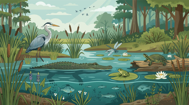 Lush wetland swamp habitat with alligator heron frog turtle and dragonfly in nature, ecosystem