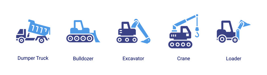 Earth Movers icon set featuring heavy construction vehicles for excavation, lifting and industrial engineering projects. © Arjuna
