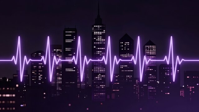 [STYLE] of an abstract city data heartbeat showing a skyline silhouette with one pulsing wave of light traveling through every window with glass-grid and glow-gradient textures, dark cityscape with tr