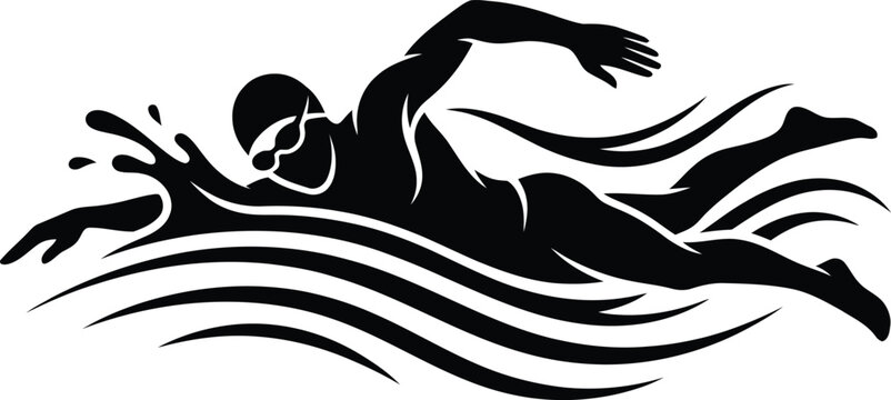 Swimmer athlete in action silhouette, black dynamic water splashes and sea wave ripples swimming competition vector