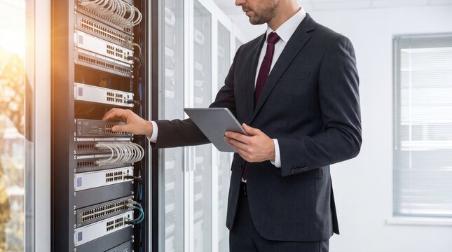 Businessman managing network servers with tablet in data center