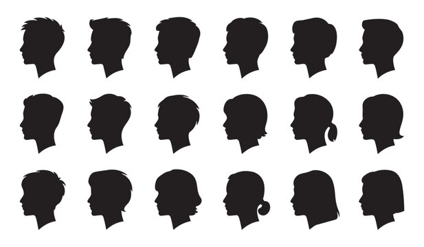 Many different human head profiles are displayed in black silhouette form on a white background