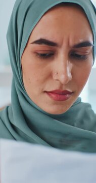 Excited, business and woman in office for cheering, good news and realisation for document mistake. Timelapse, muslim person and celebration with concern, paperwork error and incomplete information