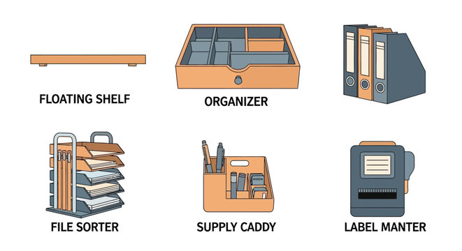 Office Organization Tools: Floating Shelf, Organizer, Binders, File Sorter, Supply Caddy, Label Maker