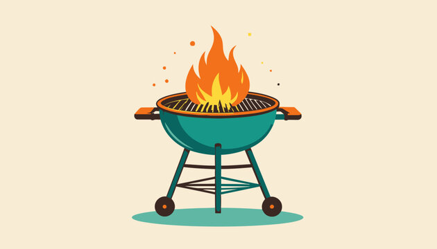 Portable charcoal grill on wheels with fire