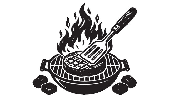 Vintage BBQ grill vector illustration, black and white burger patty on flaming barbecue pit, retro woodcut style steakhouse logo element