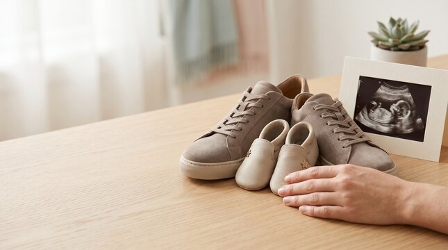 Expectant parents concept with adult sneakers and tiny baby booties placed on a wooden table next to an ultrasound scan in a bright home interior setting