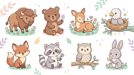 Obraz premium Cute cartoon north american forest animals collection set with wildlife collection illustration