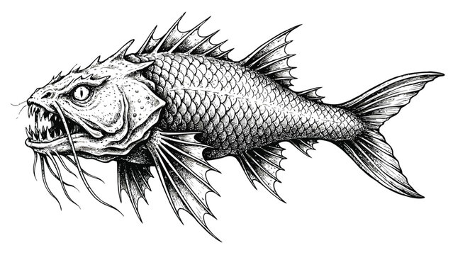 Intricate vintage engraving style mythical sea monster illustration with scales, fins, and sharp teeth fantasy ocean creature vector artwork for marine and horror design projects