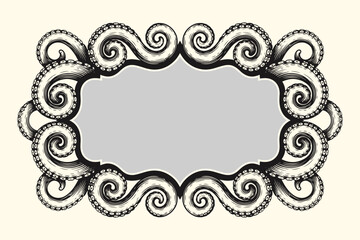 Tentacles of an octopus label frame design hand drawn vector illustration in engraving technique isolated on white background for marine, nautical, and vintage decorative projects © Lucky art