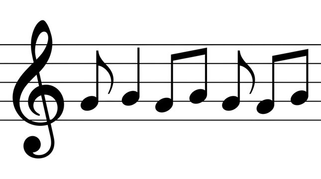 Musical notes on a stave with treble clef, black music notation on white background, classical sheet music melody for education and design