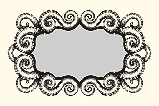 Tentacles of an octopus label frame design hand drawn vector illustration in engraving technique isolated on white background for marine, nautical, and vintage decorative projects