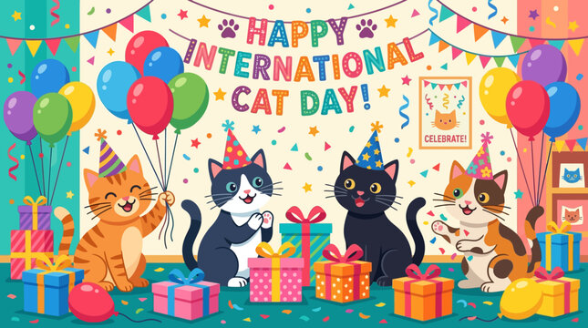 Cats celebrate International Cat Day with colorful balloons and gifts