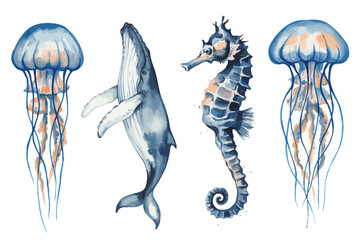 Sea animals vector, illustration with blue watercolor ocean fish, jellyfish, whale, and seahorse for marine life, underwater nature, and aquatic design projects © Lucky art