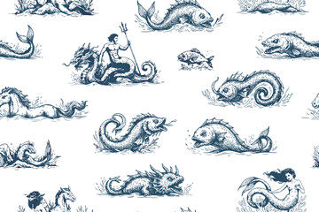 Mythological vintage sea monster monochrome hand drawn sketch vector seamless pattern for boys, nautical fantasy, ocean mythology, and retro illustration design projects © Lucky art