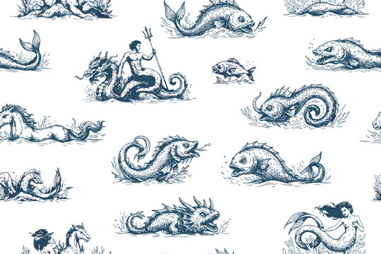 Mythological vintage sea monster monochrome hand drawn sketch vector seamless pattern for boys, nautical fantasy, ocean mythology, and retro illustration design projects