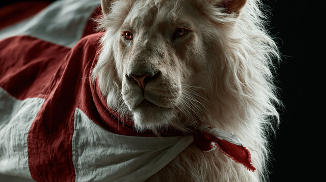 Close up portrait of a noble male lion draped in a red and white St George flag representing English football team pride