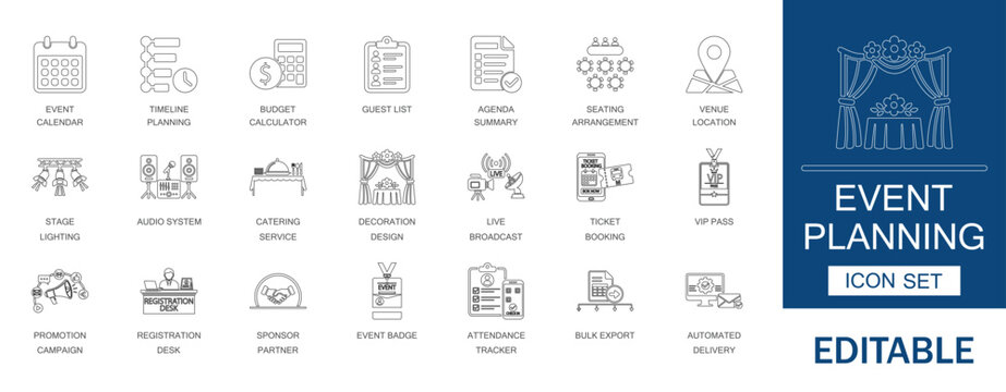 Event Planning Management Vector Icon Set. Ticket Booking Venue Location Timeline Agenda Summary Budget Calculator Seating Arrangement Guest List Template.
