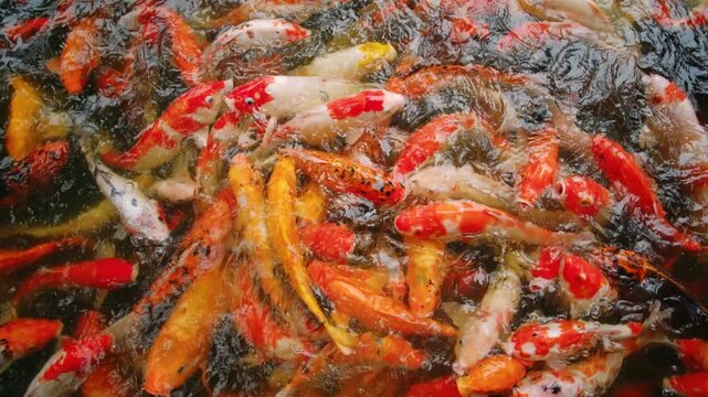 Colorful koi fish swimming in a pond. The colorful fish create a dynamic and beautiful living abstract background
