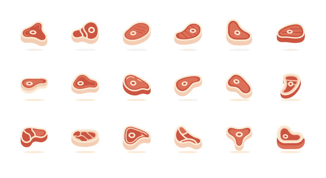 Red raw meat cuts and steak variety icon set.