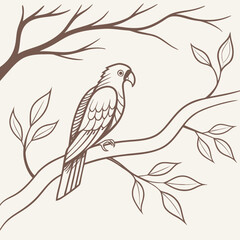 Fototapeta premium Bird Perched On Branch Line Art Illustration With White Background