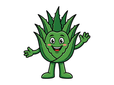 Friendly green aloe vera mascot character with a happy smile and rosy 