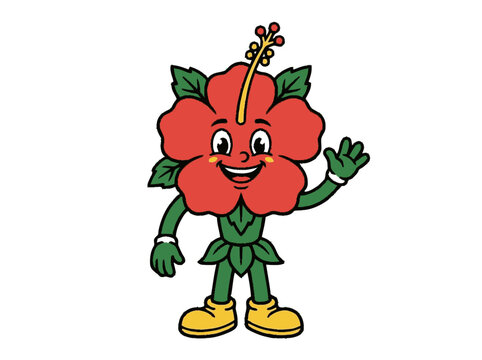 Cheerful red hibiscus flower mascot character with green leaves and ye