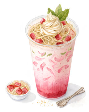 Watercolor illustration of falooda dessert drink with vermicelli and rose syrup