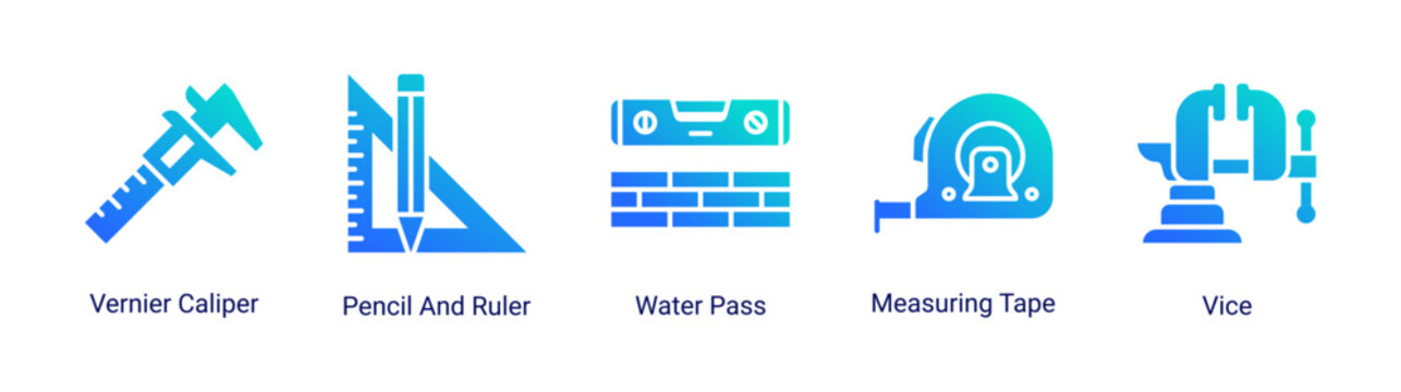 Measuring Kit icon set with precision and workshop equipment for engineering and construction projects.