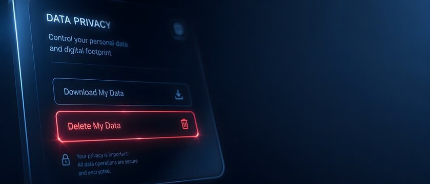 Digital data privacy interface on screen with delete and download data buttons and copy space