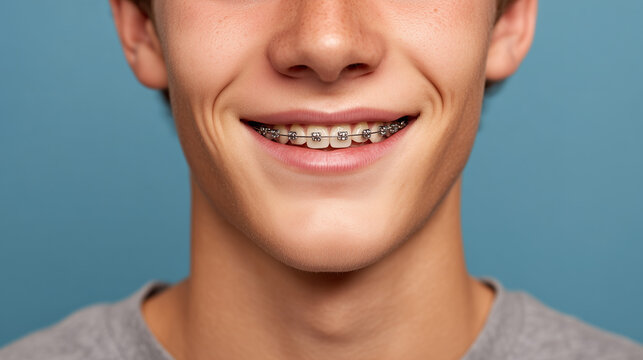 close up smile of teenager with dental braces, orthodontic treatment, teeth alignment and oral healthcare concept