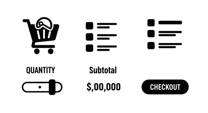 Online shopping icons: cart, list, quantity slider, price, checkout button