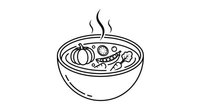 Steaming bowl of soup with vegetables.